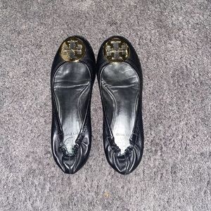 TORY BURCH MINNIE Black LEATHER LOGO SLIP ON BALLET FLATS SHOES WOMENS SIZE 7 M